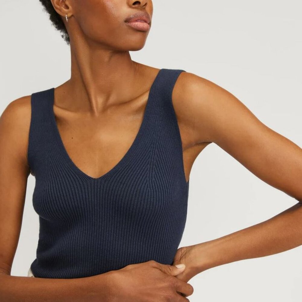 Everlane The Ribbed Cotton Double V Top, Navy (XS)